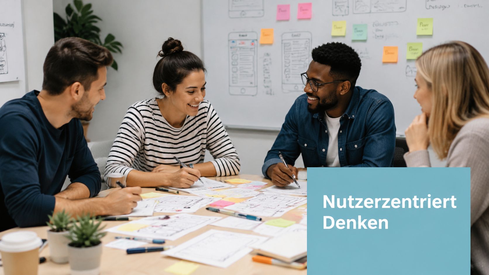 Ein diverses Team von Designern arbeitet gemeinsam im Büro an einer nutzerzentrierten App-Entwicklung mit Skizzen.