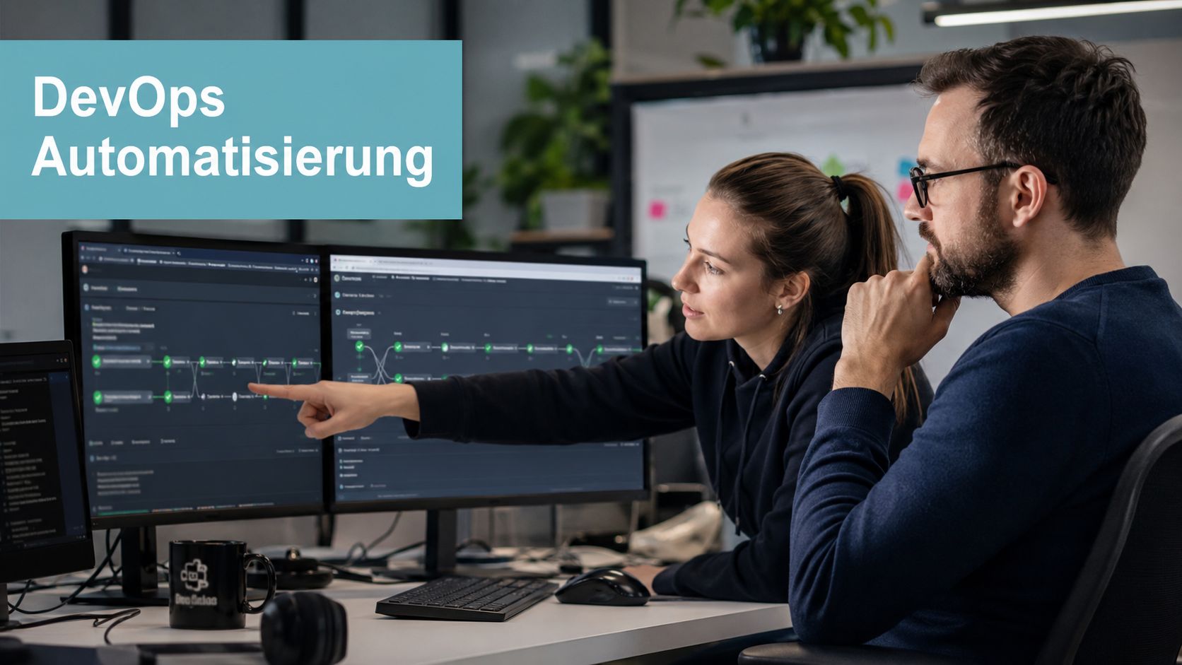 Zwei IT-Spezialisten arbeiten gemeinsam vor Bildschirmen an der Automatisierung von DevOps-Prozessen in einem modernen Büro.
