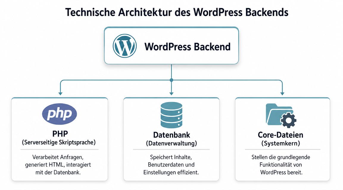 Diagramm der technischen Architektur des WordPress-Backends mit PHP, Datenbank und den zentralen Core-Dateien des Systems.