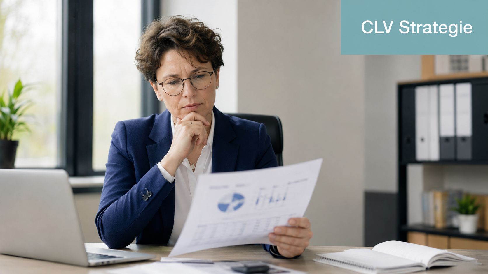 Eine Geschäftsfrau mit Brille analysiert fokussiert ein Dokument mit Diagrammen an ihrem Schreibtisch im modernen Büro.