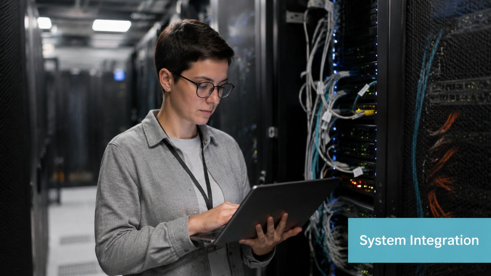 Eine IT-Technikerin arbeitet konzentriert mit einem Laptop an einem Server-Rack in einem modernen Rechenzentrum.