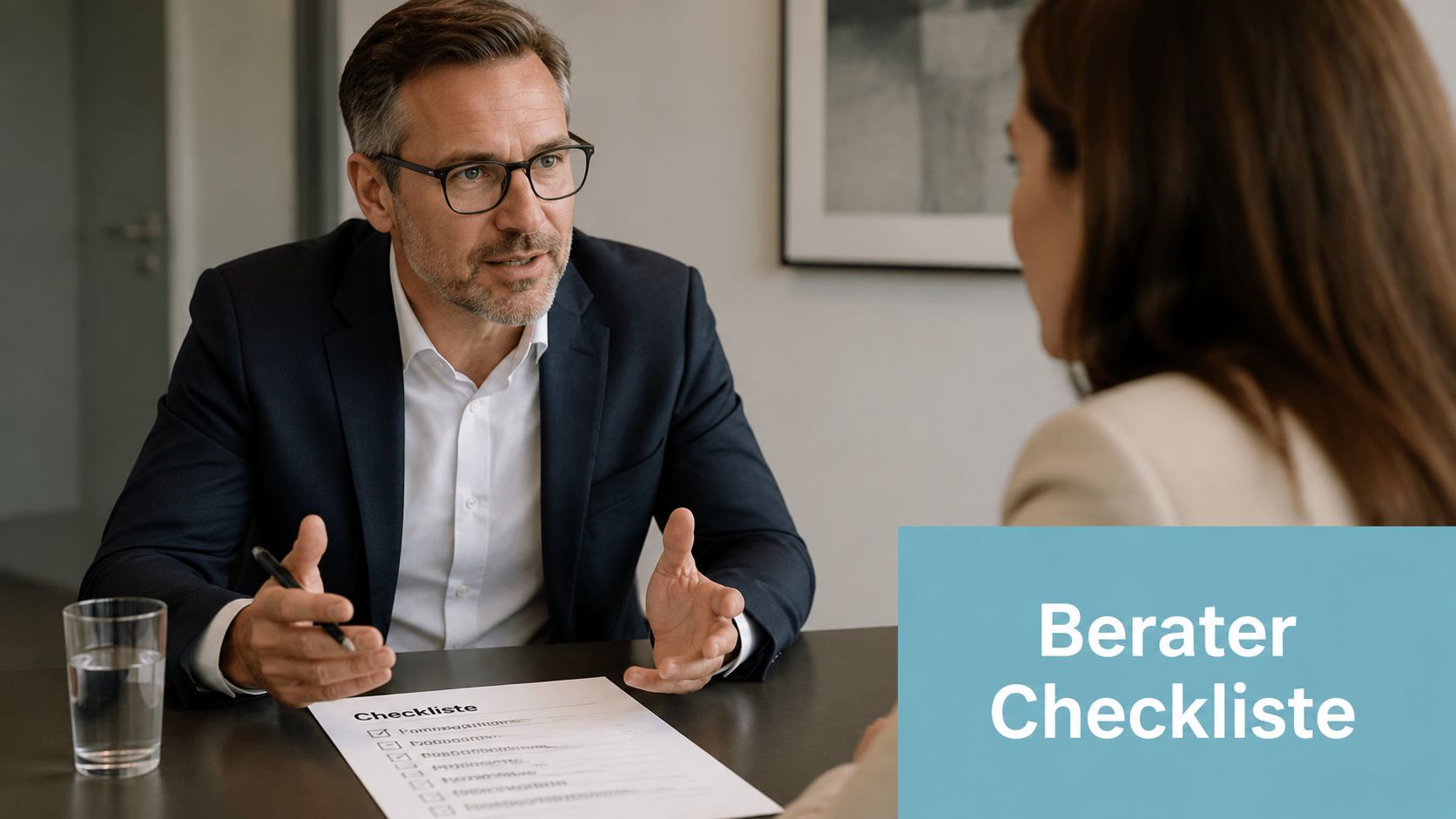 Ein professioneller Berater im Anzug spricht mit einer Kundin während eines Beratungsgesprächs mit einer Checkliste.