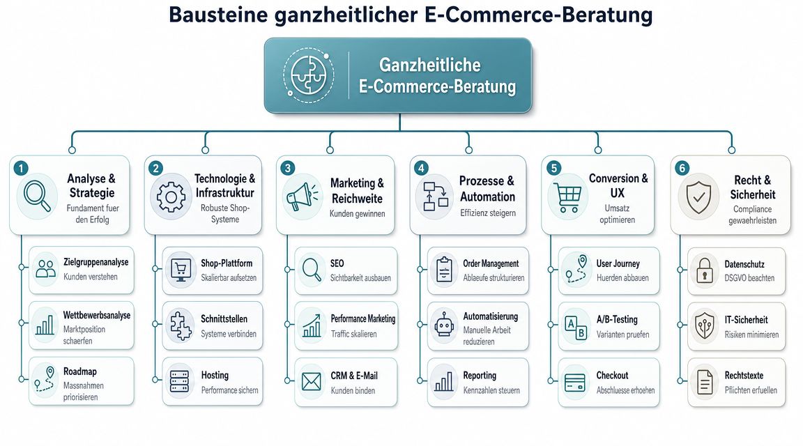 Eine Übersichtsgrafik mit sechs Bausteinen für eine ganzheitliche E-Commerce-Beratung, von Strategie über Technologie bis hin zu Recht.