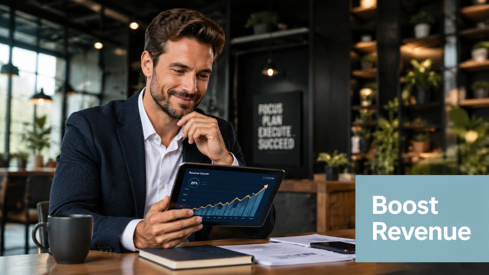 Ein lächelnder Geschäftsmann betrachtet eine Umsatzwachstumsgrafik auf seinem Tablet in einem modernen, professionellen Büro-Ambiente.