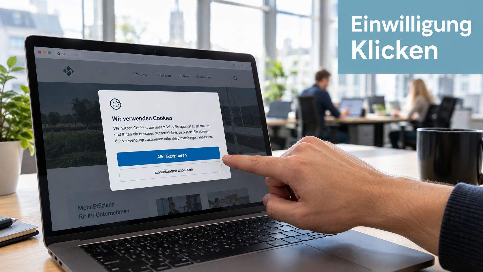 Eine Person klickt mit dem Finger auf einen Cookie-Einwilligungsbanner auf einem Laptop-Bildschirm in einem modernen Büro.