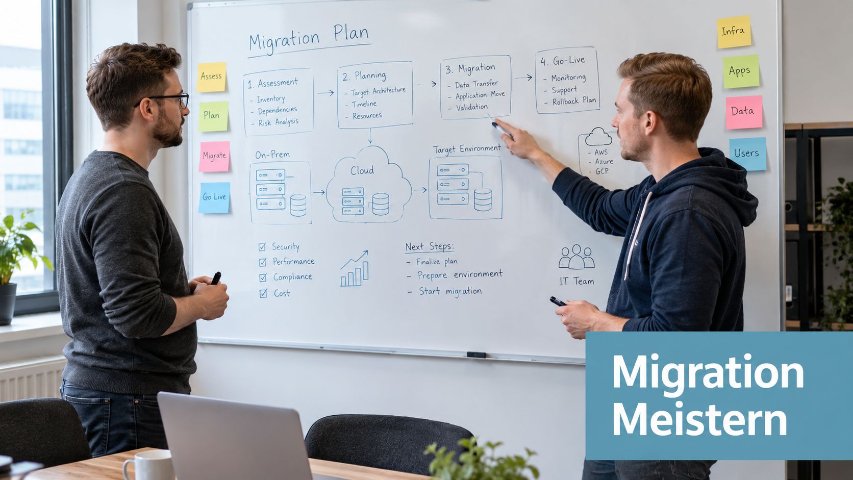 Zwei Kollegen planen die Migration von On-Premise-Systemen in die Cloud an einem Whiteboard im Büro.