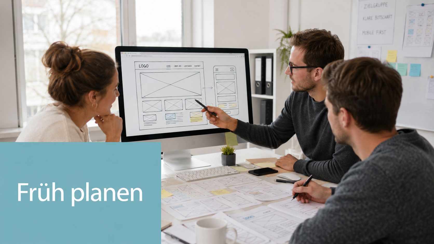 Ein Team von drei Designern bespricht gemeinsam ein Wireframe für ein barrierefreies Website-Projekt am Computer im Büro.