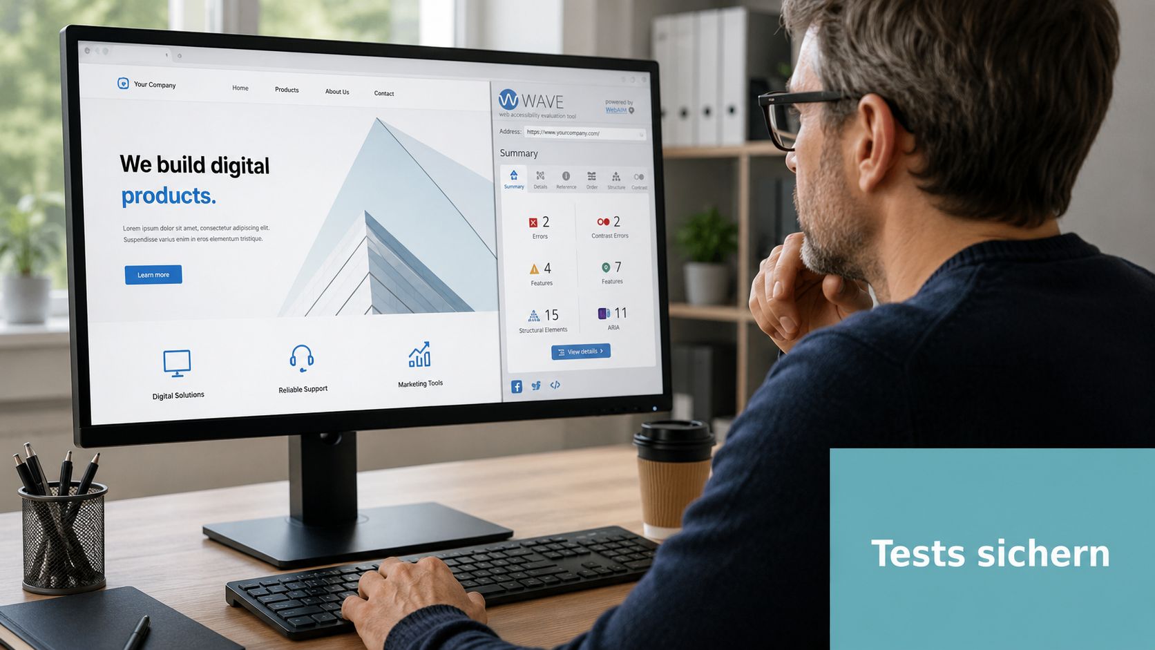 Ein Mann arbeitet am Computer und analysiert seine Webseite mit dem WAVE Web Accessibility Evaluation Tool.