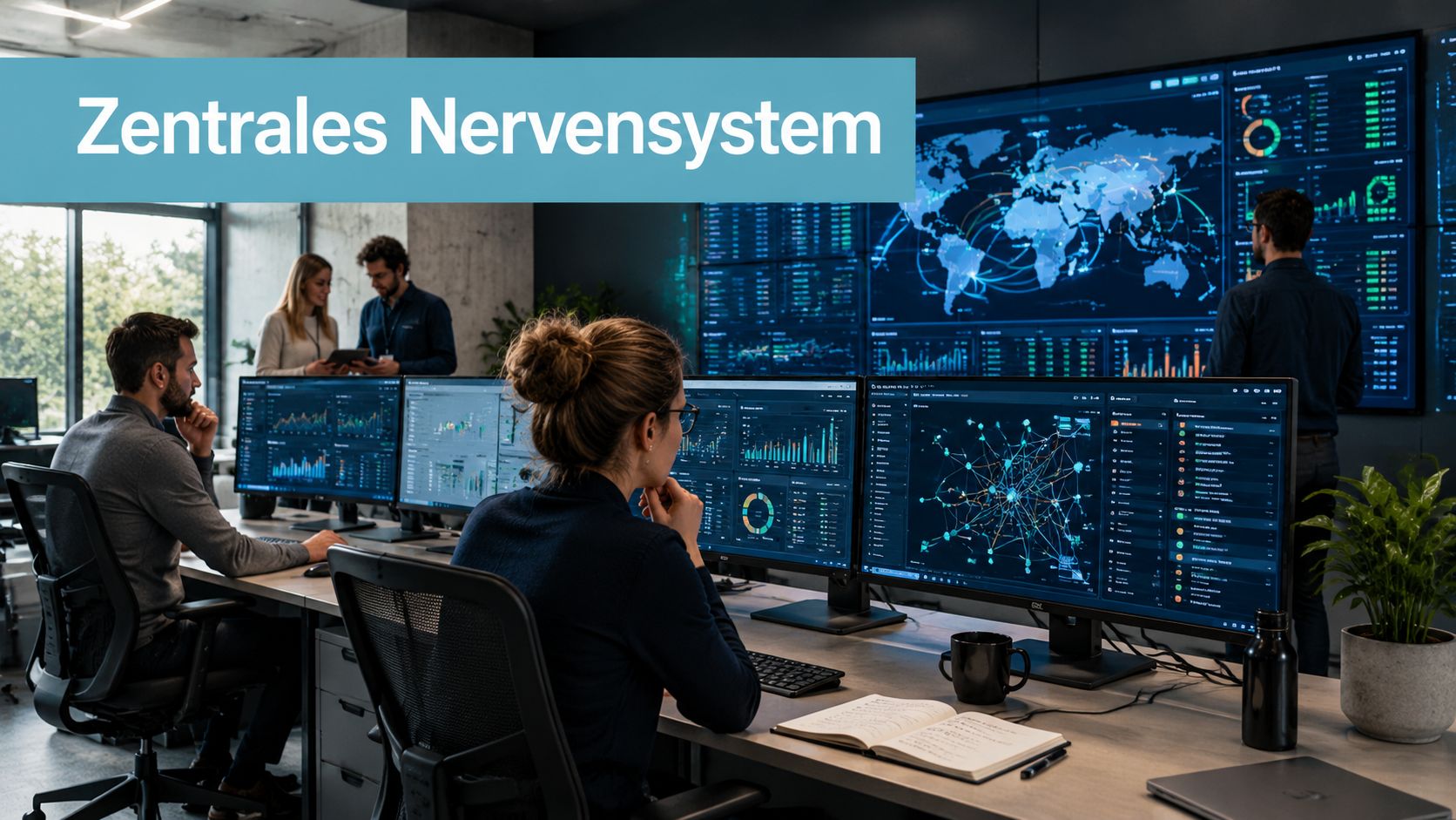 Ein Team von Analysten arbeitet in einem modernen Kontrollzentrum mit digitalen Dashboards und Netzwerkgrafiken an Computermonitoren.