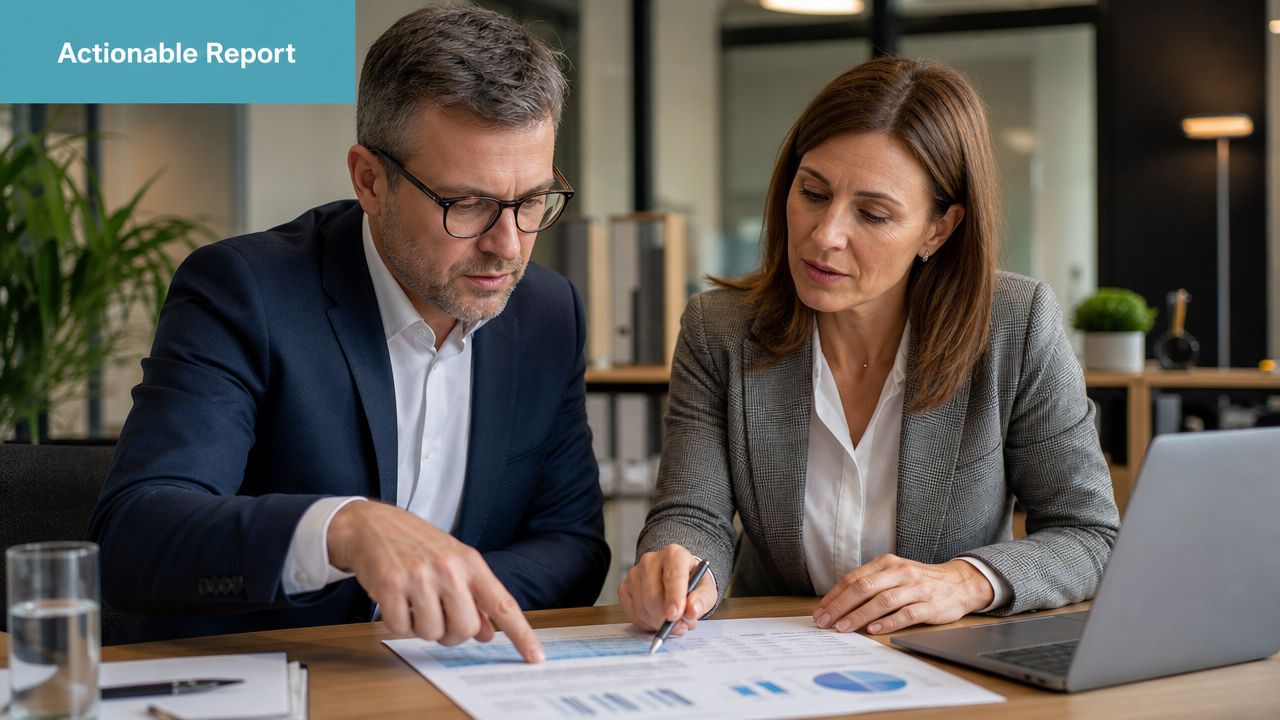 Ein Geschäftsmann und eine Geschäftsfrau analysieren gemeinsam einen Finanzbericht in einem modernen Büro am Schreibtisch.