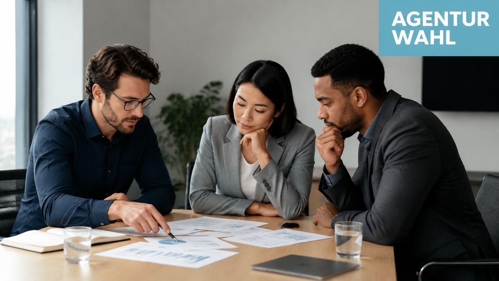 Drei Geschäftsleute besprechen strategische Daten und Dokumente während einer professionellen Besprechung in einem modernen Büro.