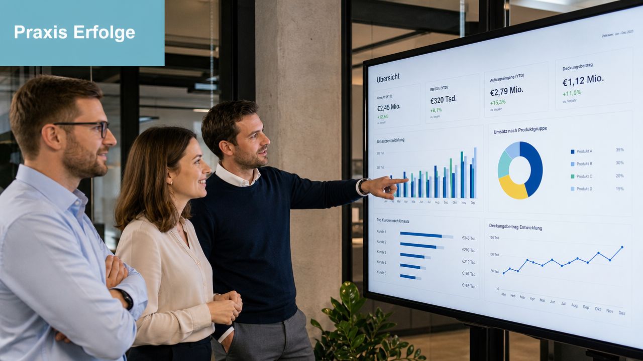 Ein Geschäftsteam analysiert gemeinsam Geschäftszahlen auf einem großen Bildschirm während einer professionellen Strategieberatung im Büro.