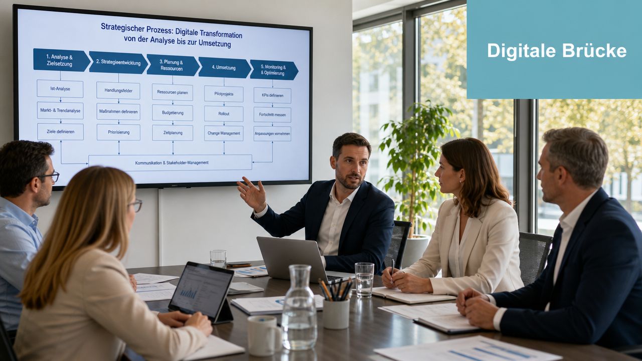 Ein professionelles Team bespricht eine digitale Strategie in einem modernen Büro vor einem großen Bildschirm.