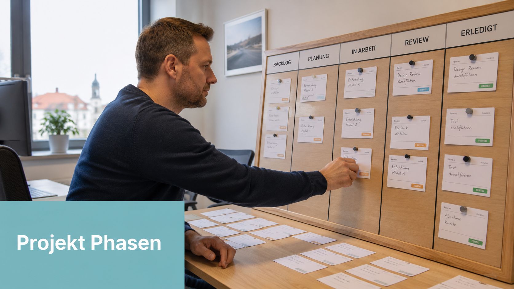Ein Mann plant Arbeitsabläufe an einem Kanban-Board mit verschiedenen Aufgabenkarten in einem hellen Büro.