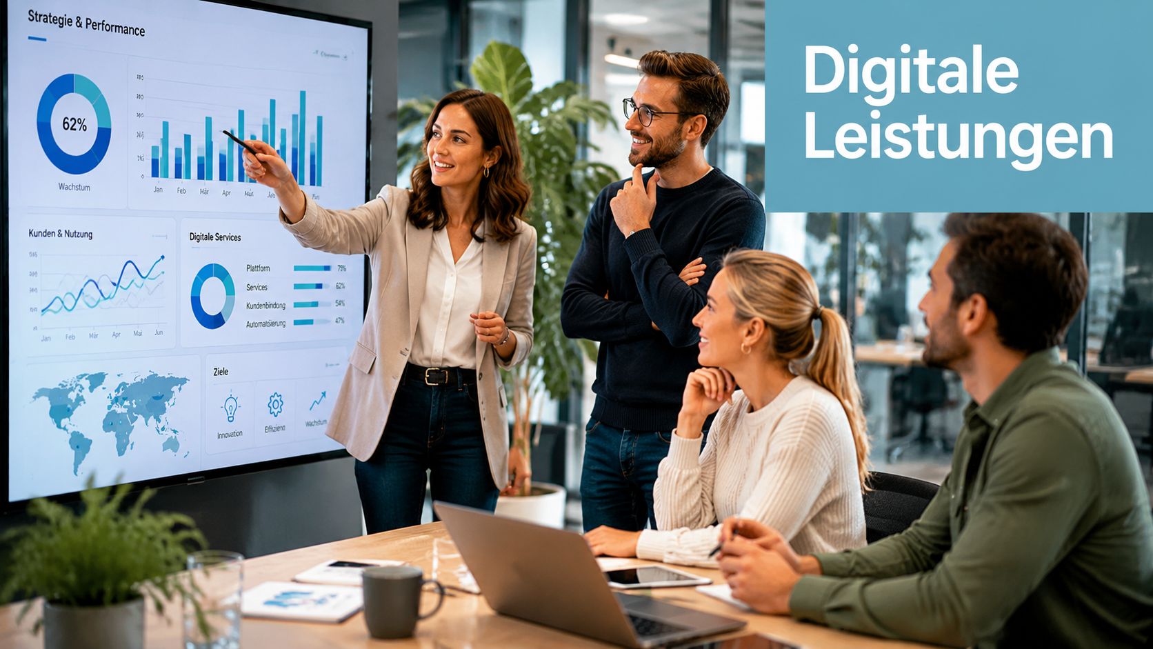 Ein professionelles Team bespricht Daten zur digitalen Transformation in einem modernen, hellen und freundlich gestalteten Büro.