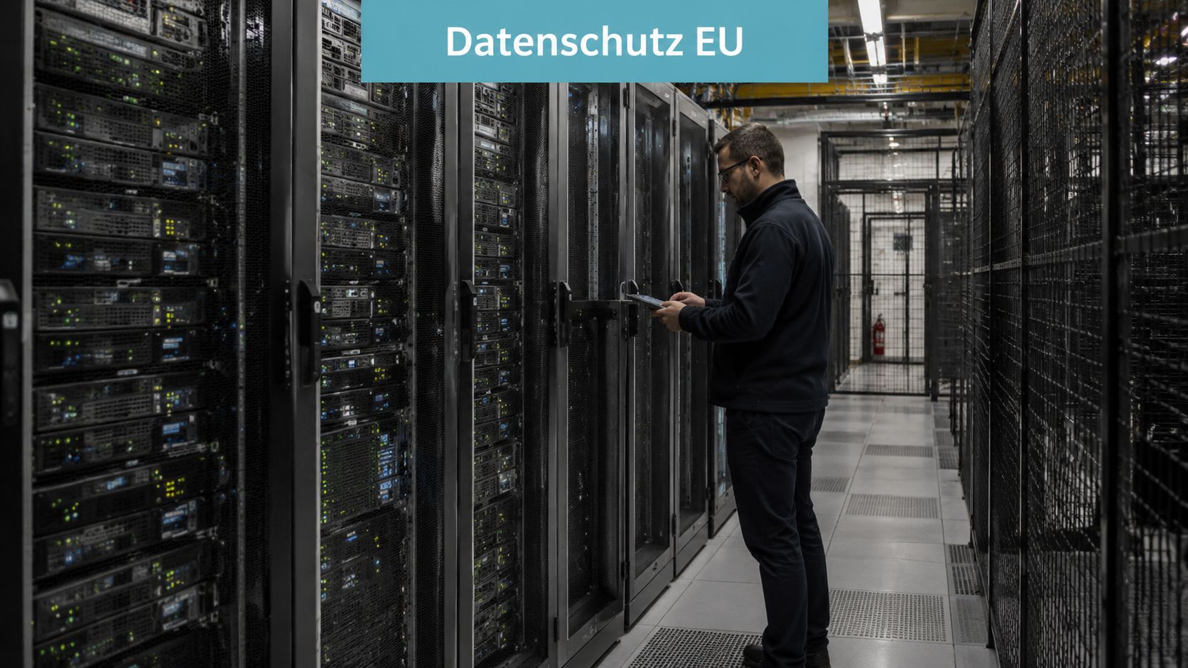Ein Techniker überprüft in einem modernen Serverraum die Netzwerkinfrastruktur vor einem Schrank mit blinkenden grünen Leuchtdioden.