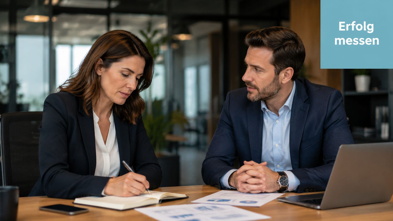 Zwei professionelle Geschäftspartner sitzen im Büro an einem Holztisch und besprechen gemeinsam strategische Unterlagen und Analysen.