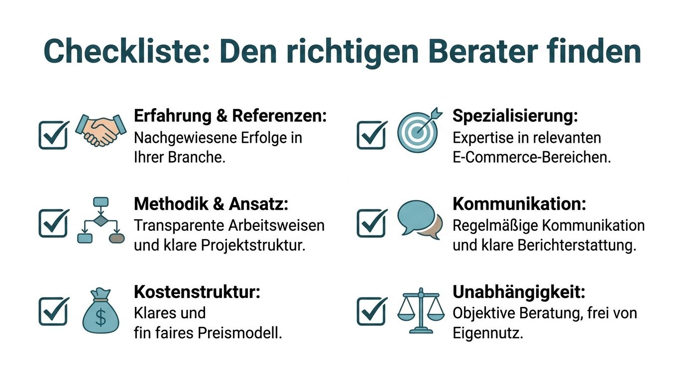 Eine Checkliste in deutscher Sprache für die Auswahl eines geeigneten E-Commerce-Beraters mit sechs wichtigen Auswahlkriterien.