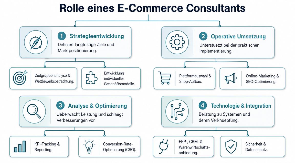 Ein Flussdiagramm, das die vier Hauptaufgabenbereiche eines E-Commerce-Consultants in deutscher Sprache veranschaulicht.