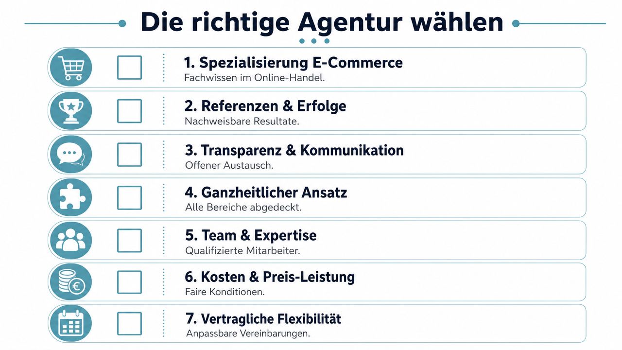 Eine Checkliste zur Auswahl der richtigen E-Commerce-Agentur mit sieben entscheidenden Qualitätskriterien für Unternehmen.
