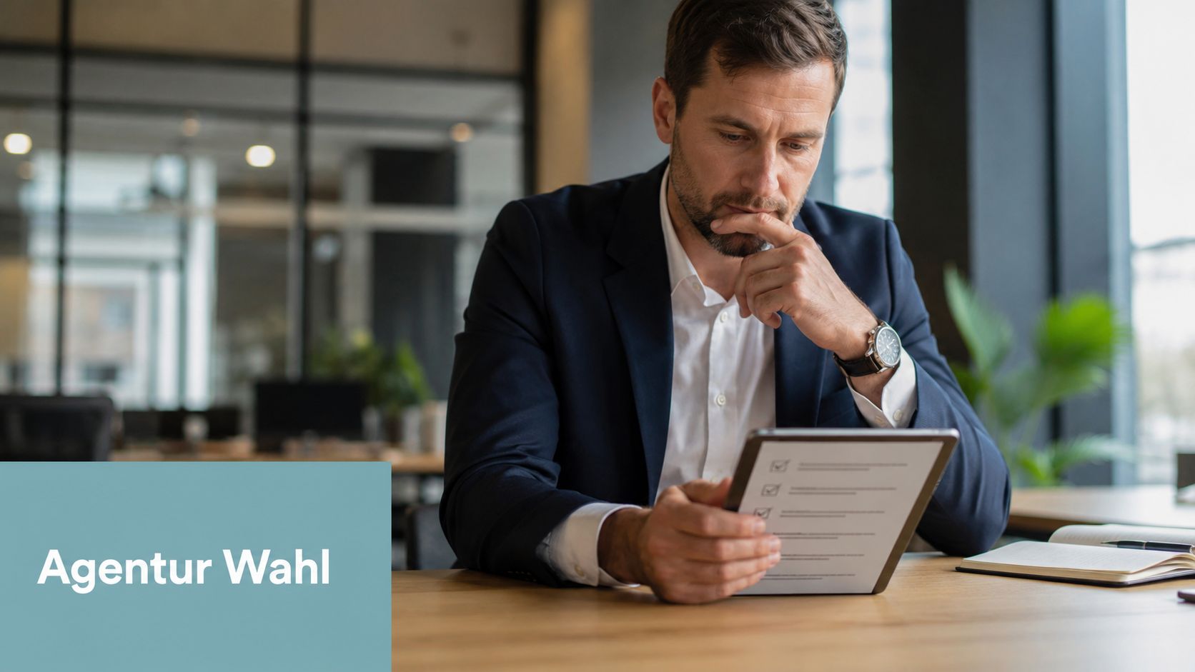 Ein fokussierter Geschäftsmann betrachtet ein digitales Tablet, während er an seinem Schreibtisch im Büro sitzt.