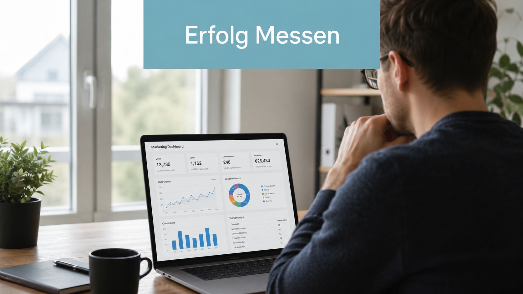 Ein Mann im Büro blickt auf einen Laptopbildschirm mit einem Marketing-Dashboard zur Erfolgskontrolle seiner Kampagnen.