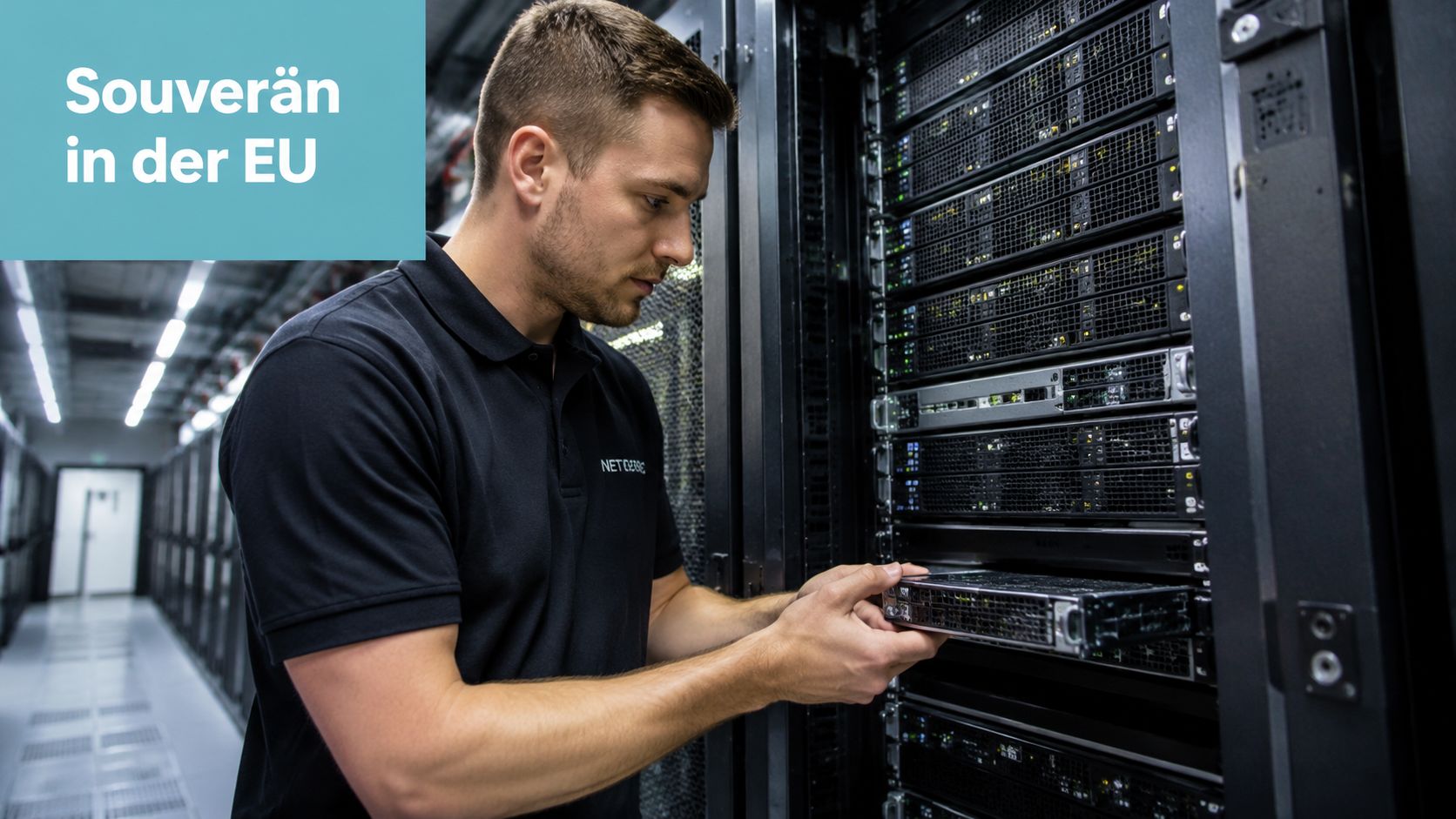 Ein Techniker installiert einen Server in einem modernen Rechenzentrum für souveräne Cloud-Dienste in der EU.