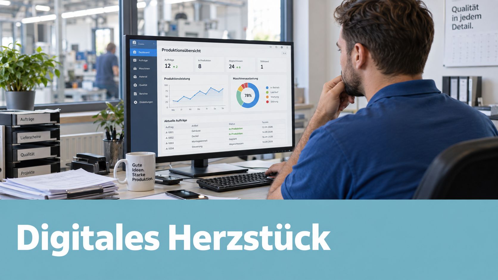 Ein Mitarbeiter im Büro arbeitet an einem Computer-Dashboard für die digitale Produktionsüberwachung und effiziente Auftragsverwaltung.