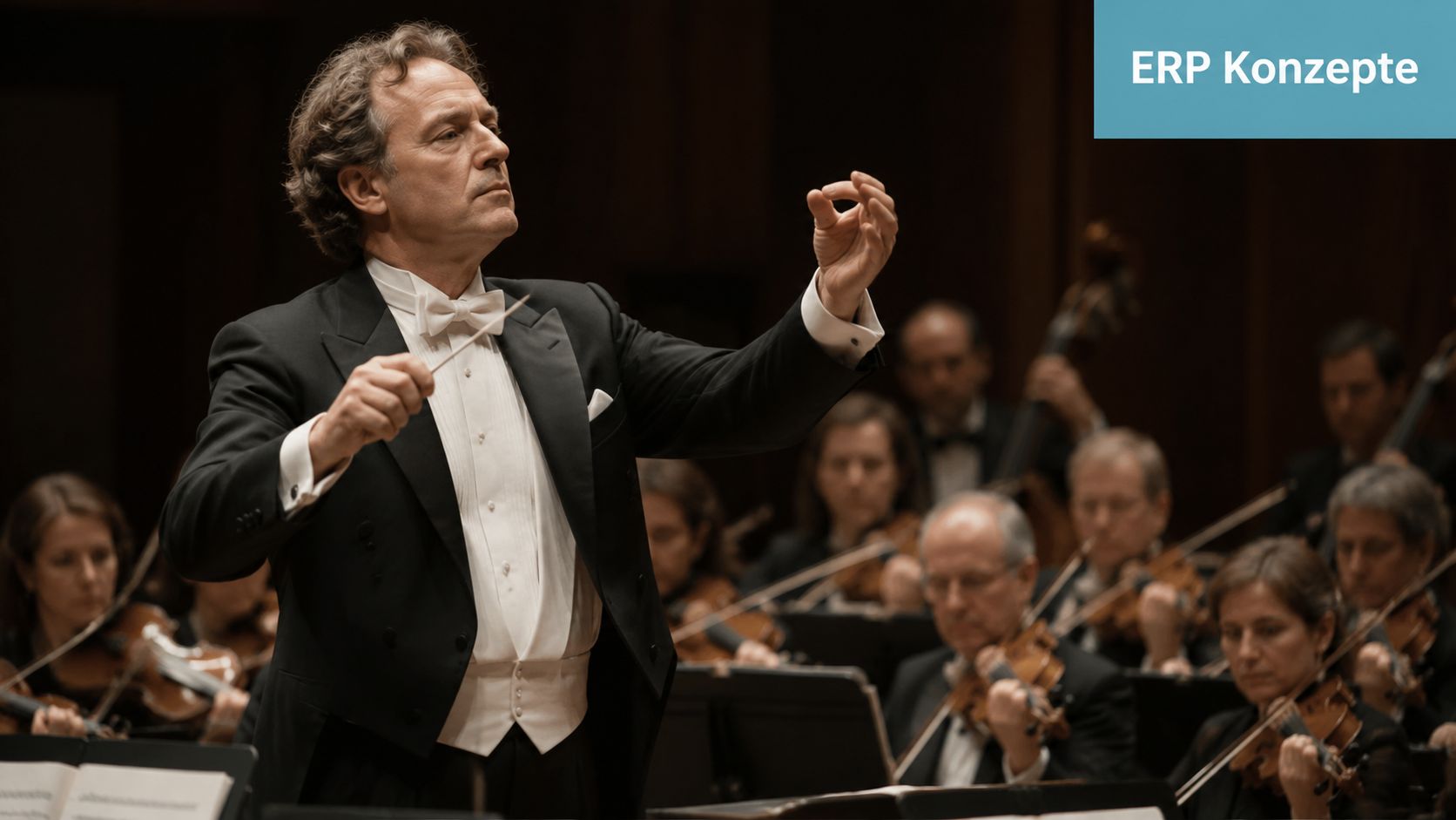 Ein Dirigent in einem schwarzen Smoking leitet konzentriert ein klassisches Orchester während eines Konzerts.