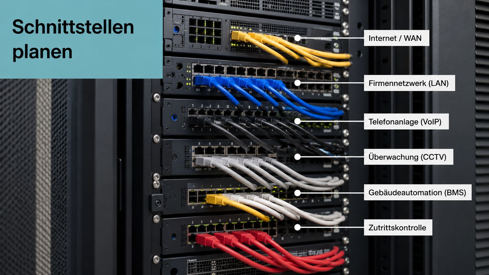 Ein Serverschrank mit verschiedenen farbig markierten Netzwerkkabeln, die unterschiedliche Systeme wie Internet, VoIP und Gebäudesteuerung übersichtlich verbinden.