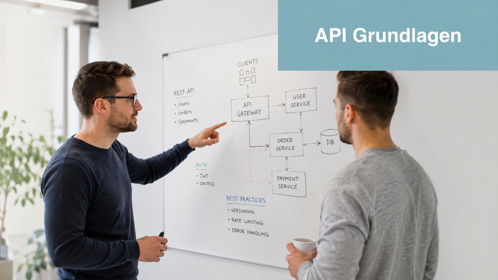 Ein Mann erklärt einem Kollegen vor einem Whiteboard die Architektur und Funktionsweise einer API Gateway Struktur.