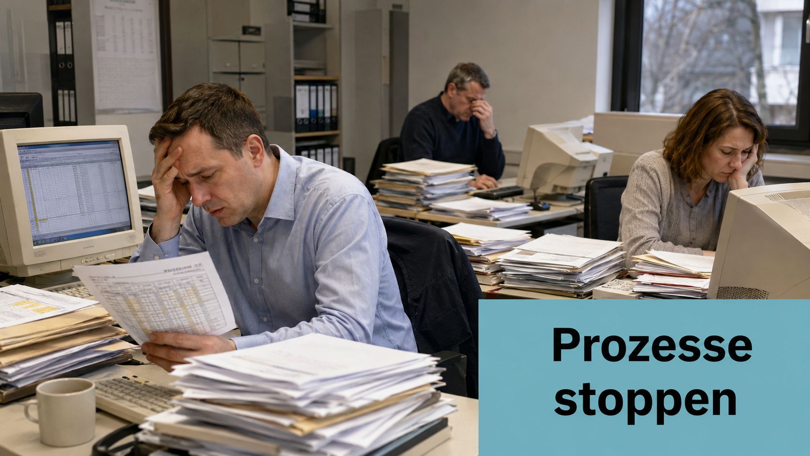 Drei überarbeitete Büroangestellte sitzen an Schreibtischen, die mit zahlreichen Papierstapeln und alten Computern überfüllt sind.