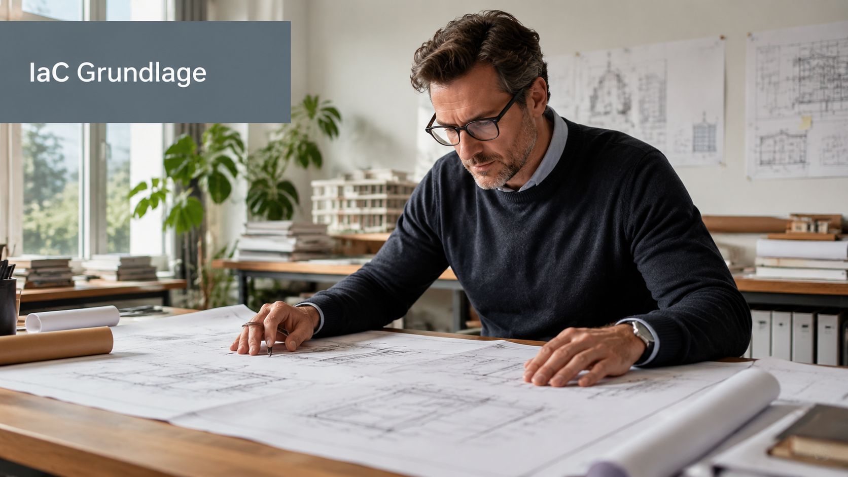 Ein Architekt arbeitet konzentriert an Bauplänen in einem hellen, professionell eingerichteten Büro am Schreibtisch.