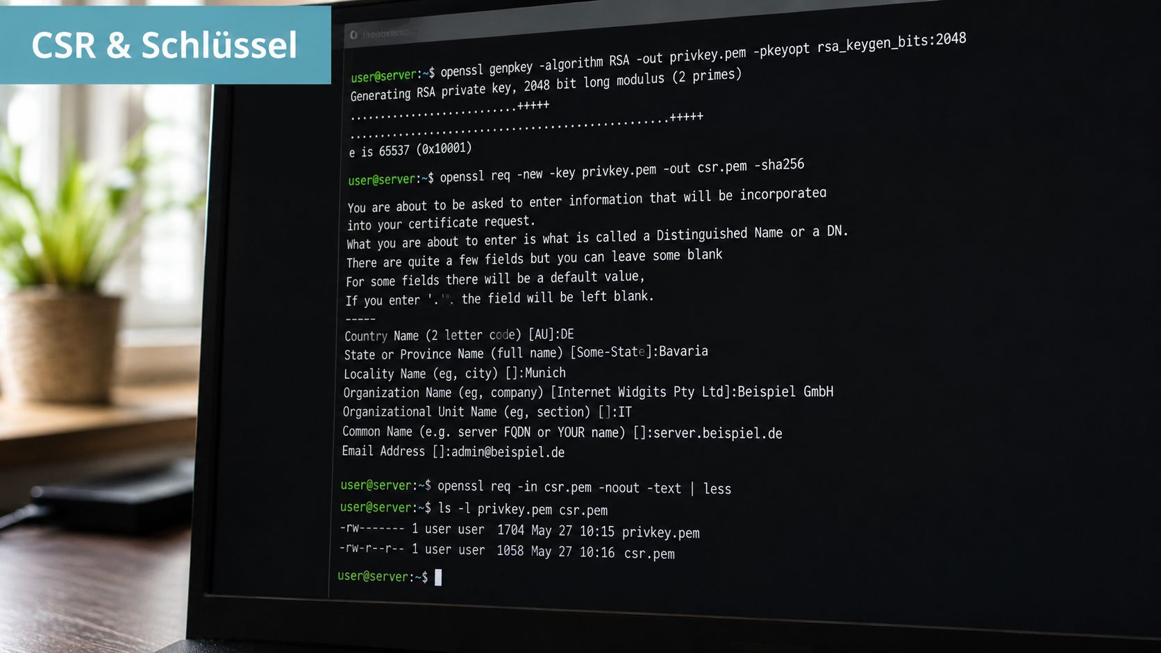 Ein Laptop-Bildschirm zeigt die Erstellung eines SSL-Zertifikats und privater Schlüssel über eine Befehlszeilen-Schnittstelle im Terminal.