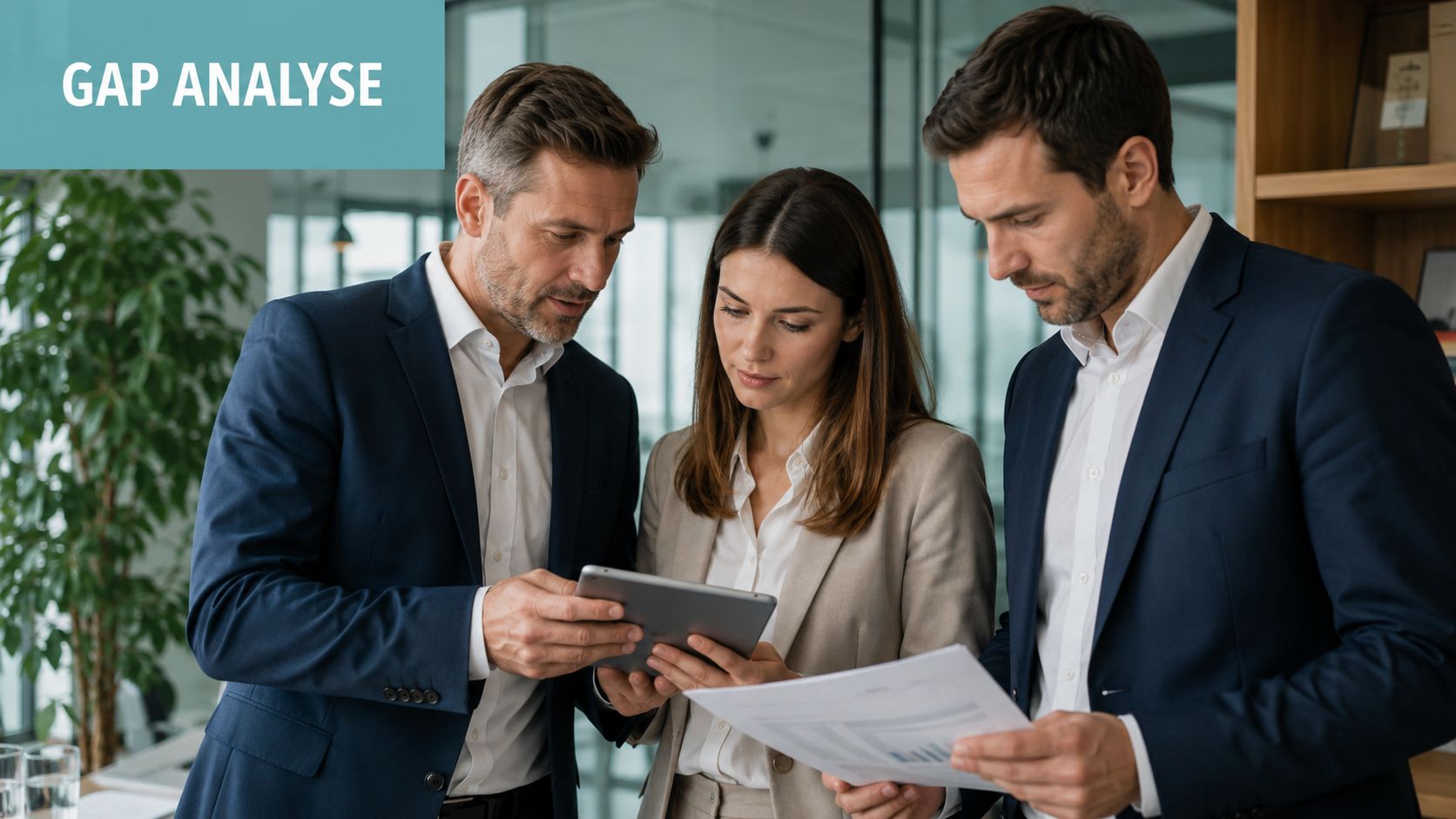 Drei professionelle Business-Leute besprechen gemeinsam eine Gap-Analyse an einem Tablet und mit Dokumenten in einem modernen Büro.