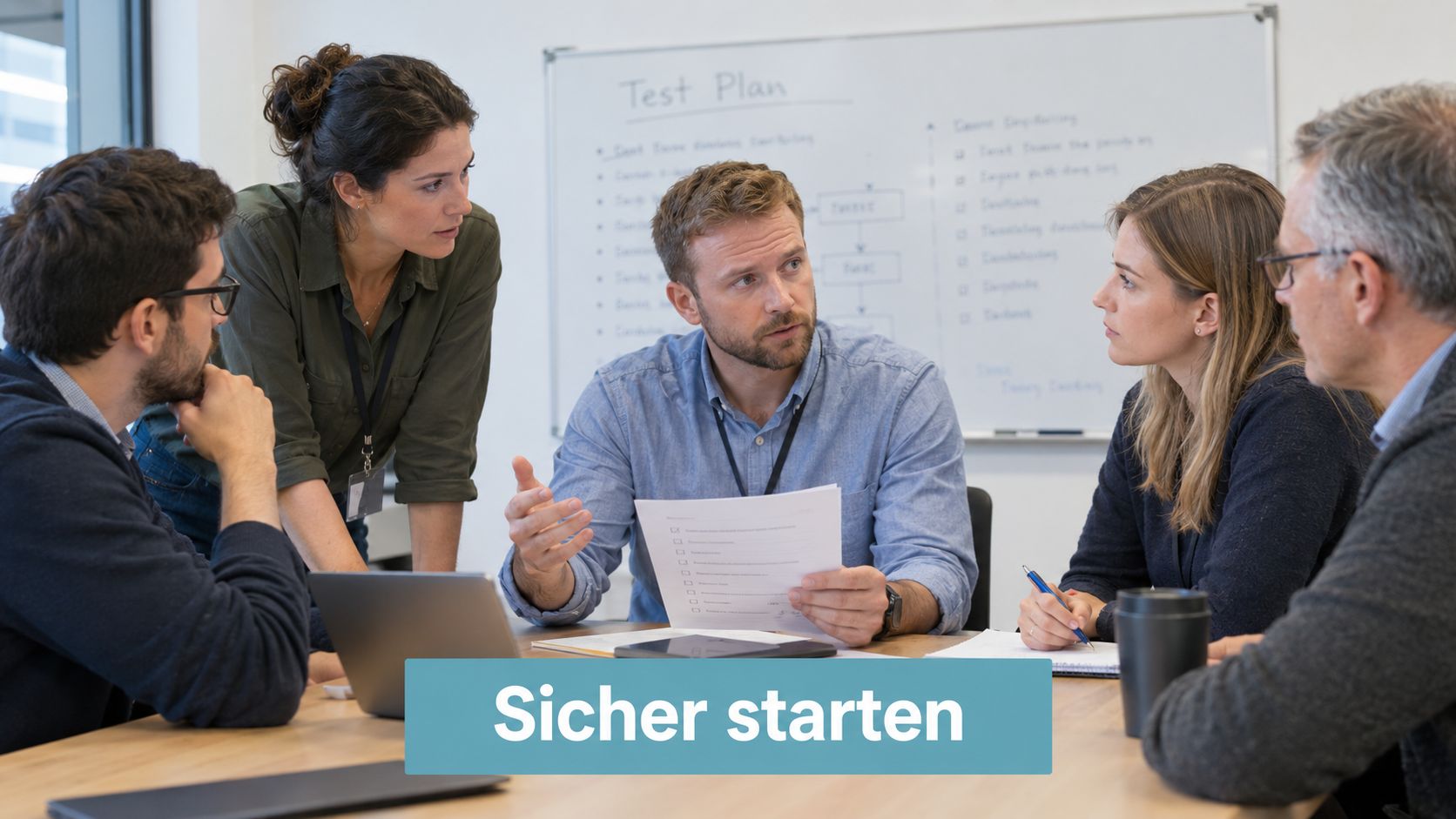 Ein diverses Team von Fachleuten bei einer geschäftlichen Besprechung zur Planung von Software-Testprozessen in einem Büro.