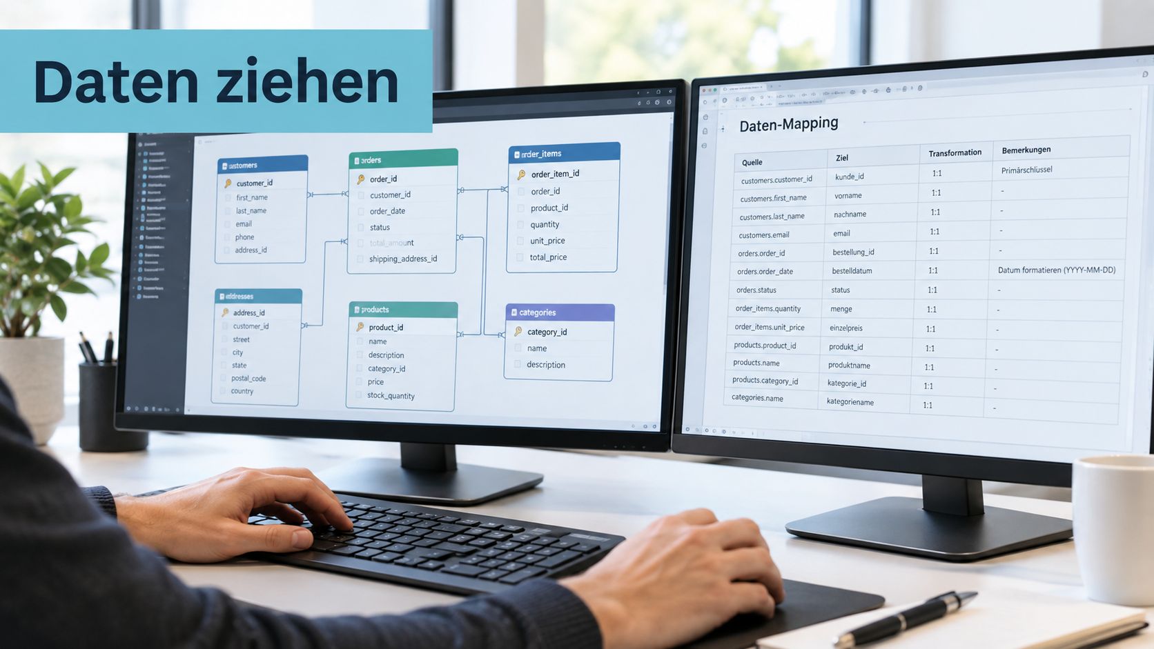 Ein Programmierer arbeitet an einem PC mit zwei Monitoren, die Datenbankschemata und ein Datenmapping anzeigen.