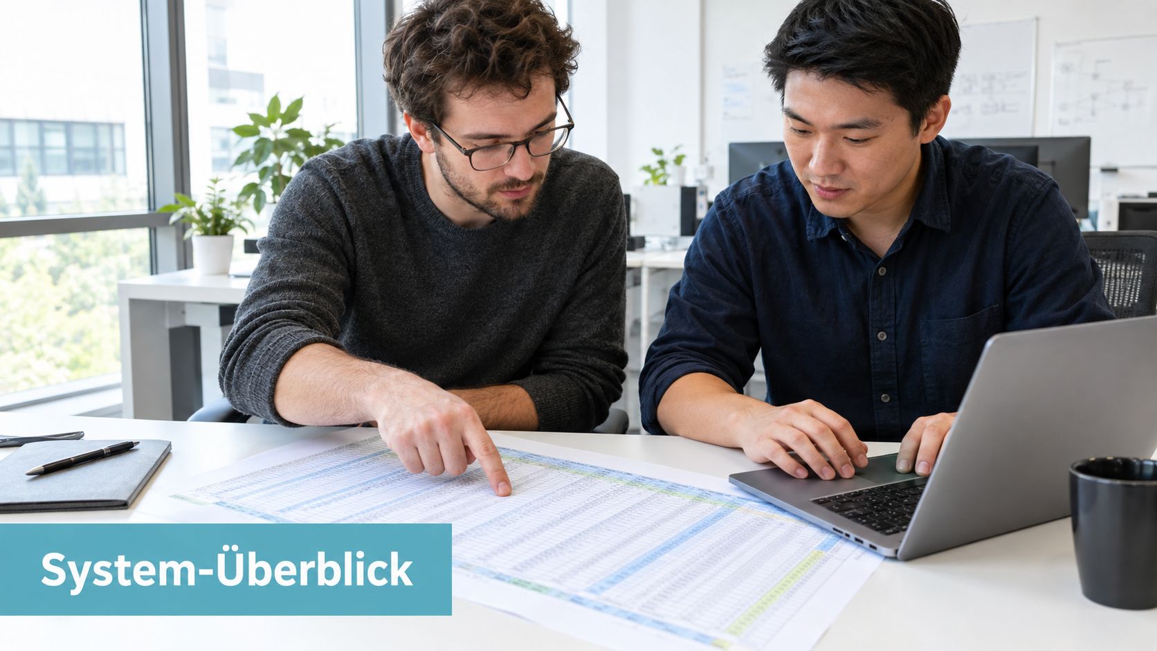 Zwei junge Kollegen besprechen gemeinsam eine umfangreiche Tabelle zur Systemanalyse an ihrem gemeinsamen Arbeitsplatz im modernen Büro.