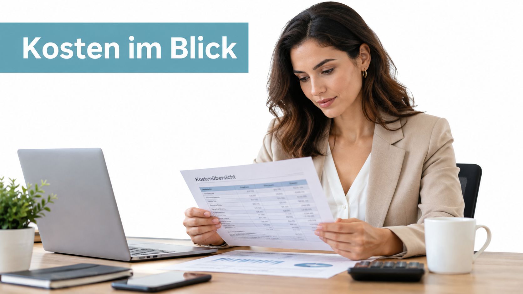 Eine Geschäftsfrau liest aufmerksam eine Kostenübersicht an ihrem aufgeräumten Schreibtisch mit Laptop und einer Tasse Kaffee.