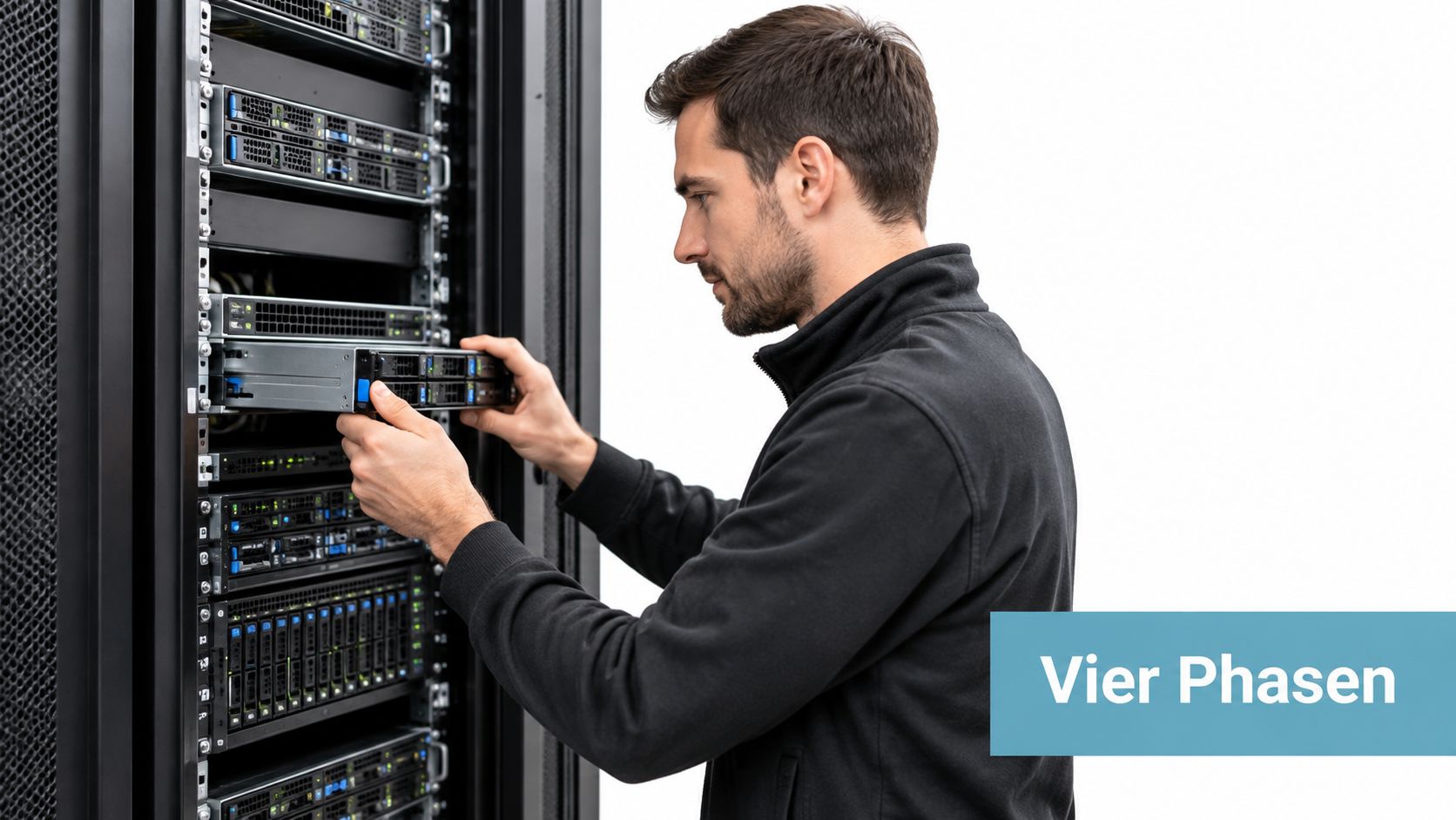 Ein Techniker installiert einen Server in einem Rack-Gehäuse in einem modernen Rechenzentrum für Cloud-Dienste.