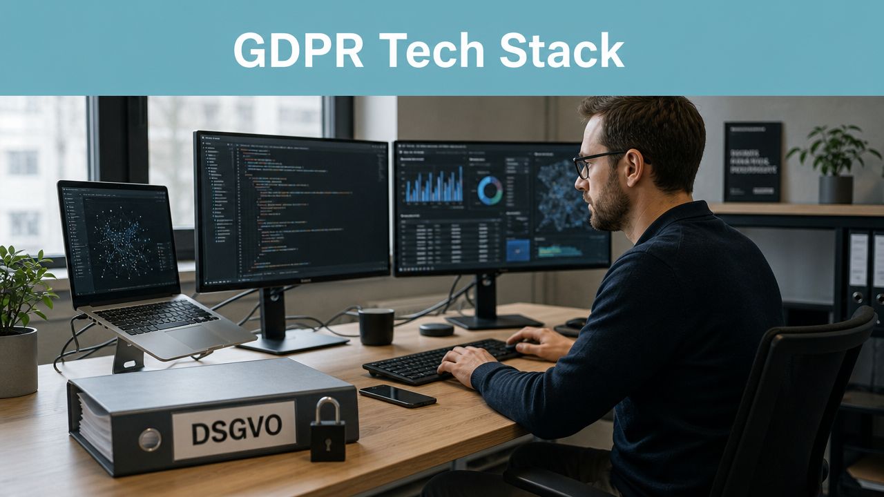Ein Programmierer arbeitet an seinem Schreibtisch mit mehreren Monitoren und einem Ordner mit DSGVO-Beschriftung und Schloss.