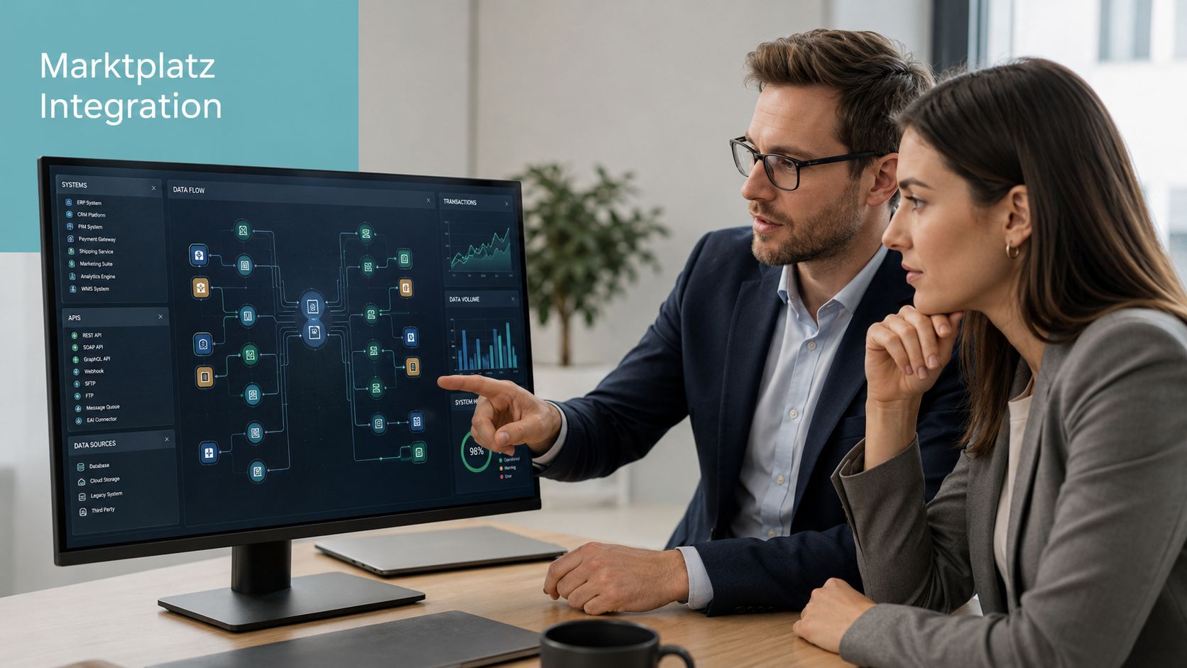 Zwei Geschäftspartner analysieren gemeinsam Daten zur Marktplatzintegration auf einem Computerbildschirm in einem modernen Büro.