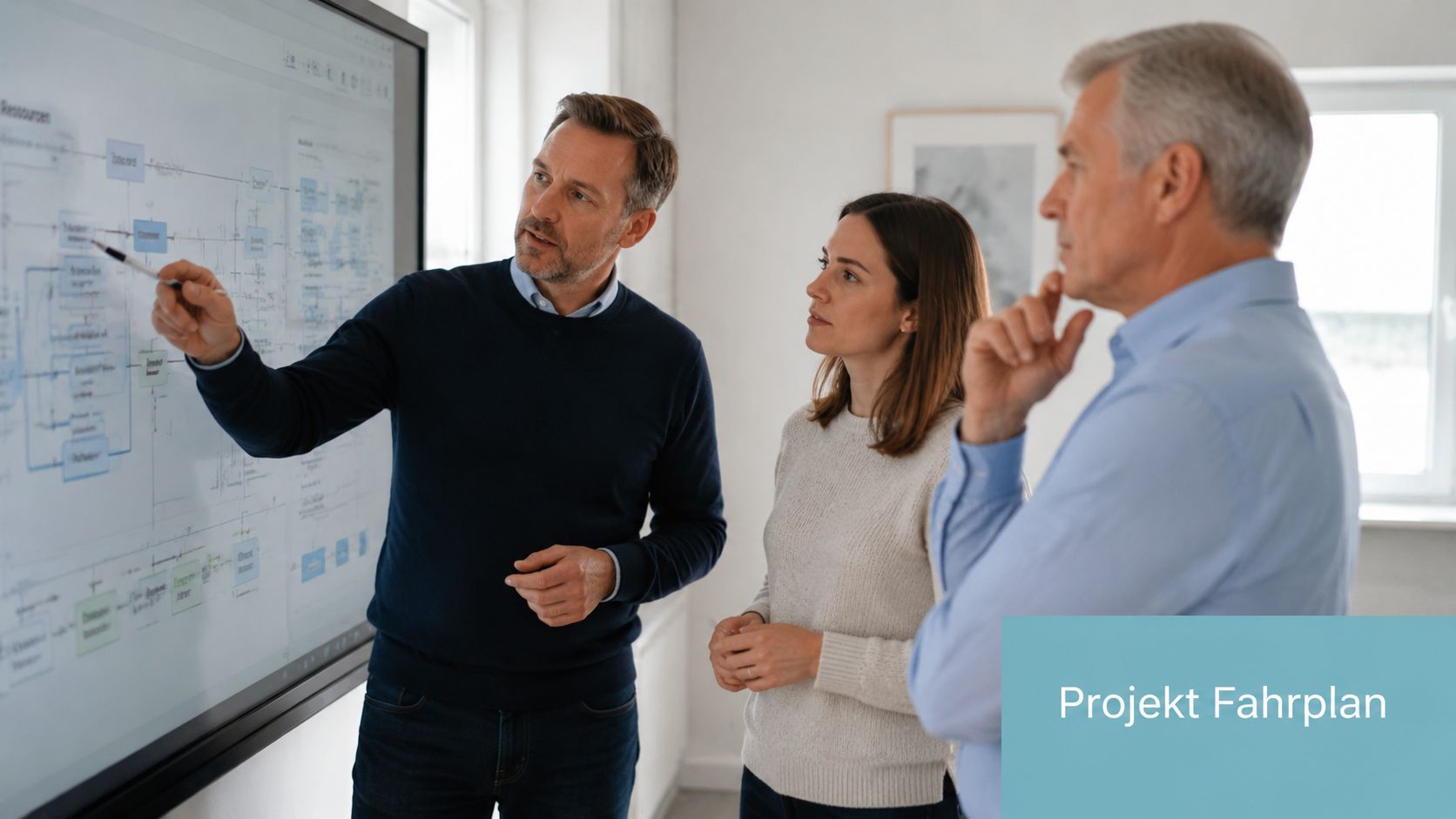 Ein Team bespricht gemeinsam einen Projektfahrplan an einem großen digitalen Whiteboard in einem modernen hellen Büro.