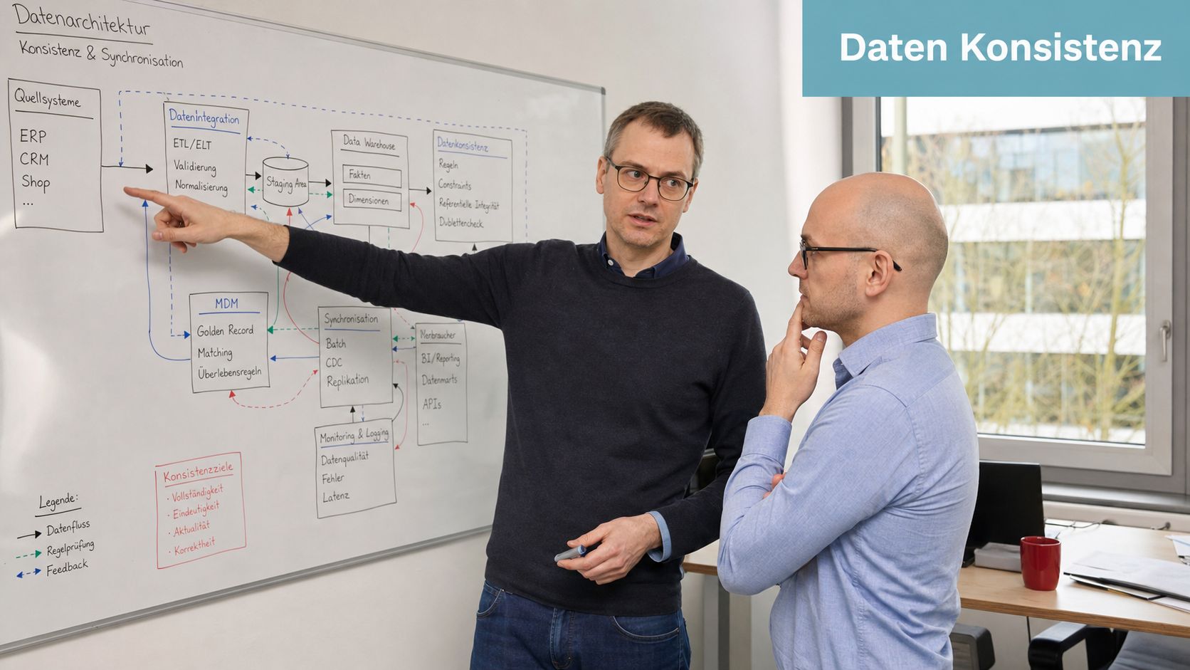 Zwei Fachleute diskutieren vor einem Whiteboard über Datenarchitektur und Datenkonsistenz in einer professionellen Büroumgebung.