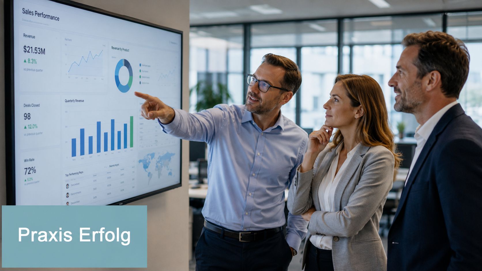 Ein professionelles Team bespricht gemeinsam wichtige Verkaufsdaten und Analysen auf einem großen Bildschirm in einem modernen Büro.