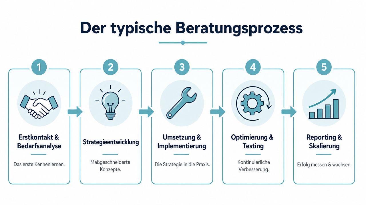 Eine Infografik, die die fünf Phasen eines typischen Beratungsprozesses von der Bedarfsanalyse bis zur Skalierung darstellt.