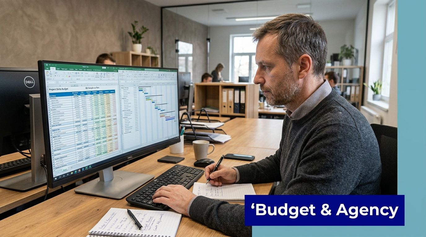 Ein fokussierter Mann arbeitet an einem Computerbildschirm in einem modernen Büro und macht sich Notizen.