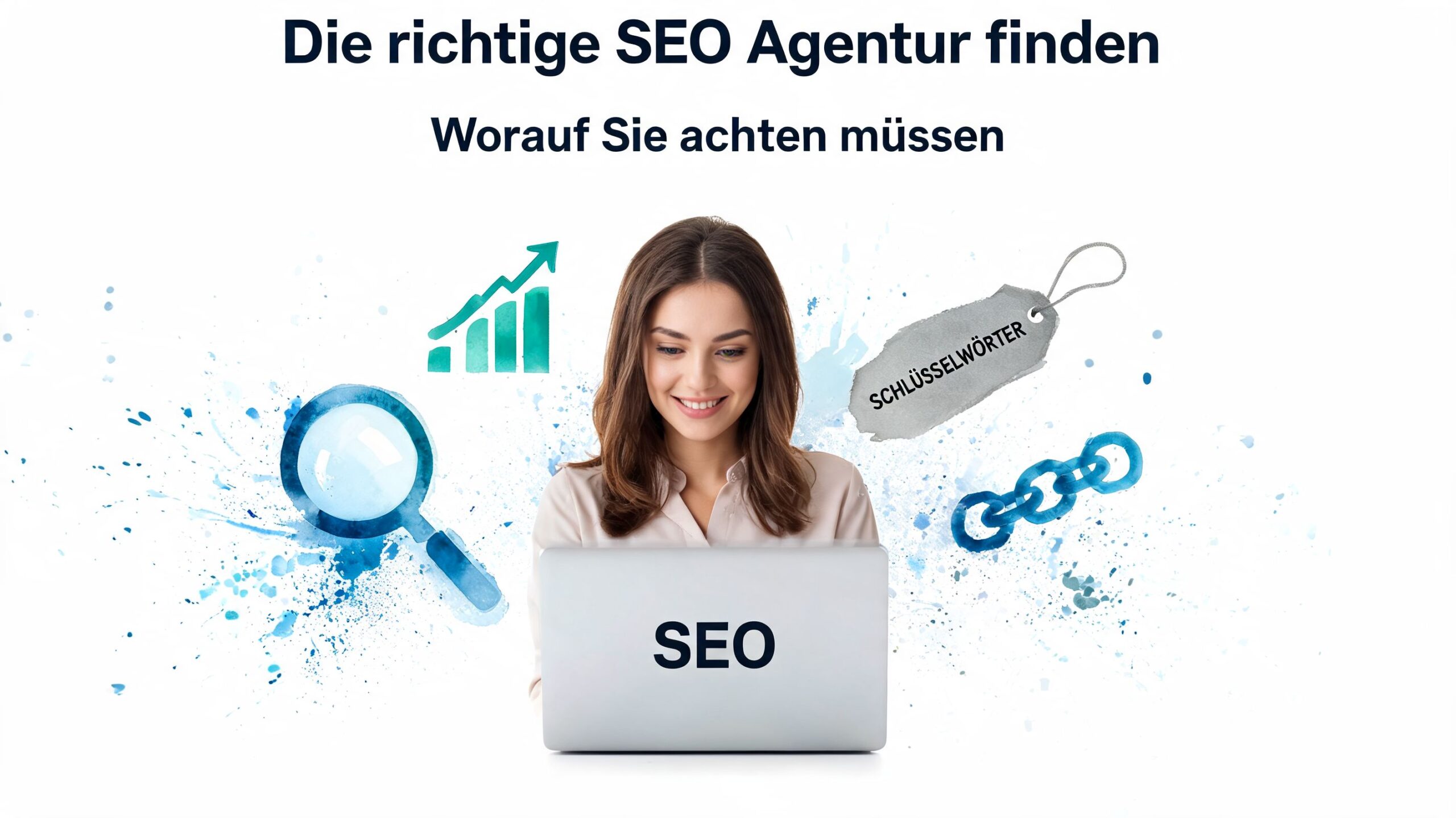 Eine Frau arbeitet an einem Laptop vor einem Hintergrund mit SEO-Elementen wie Diagrammen, Suchlupe und Schlagworten.