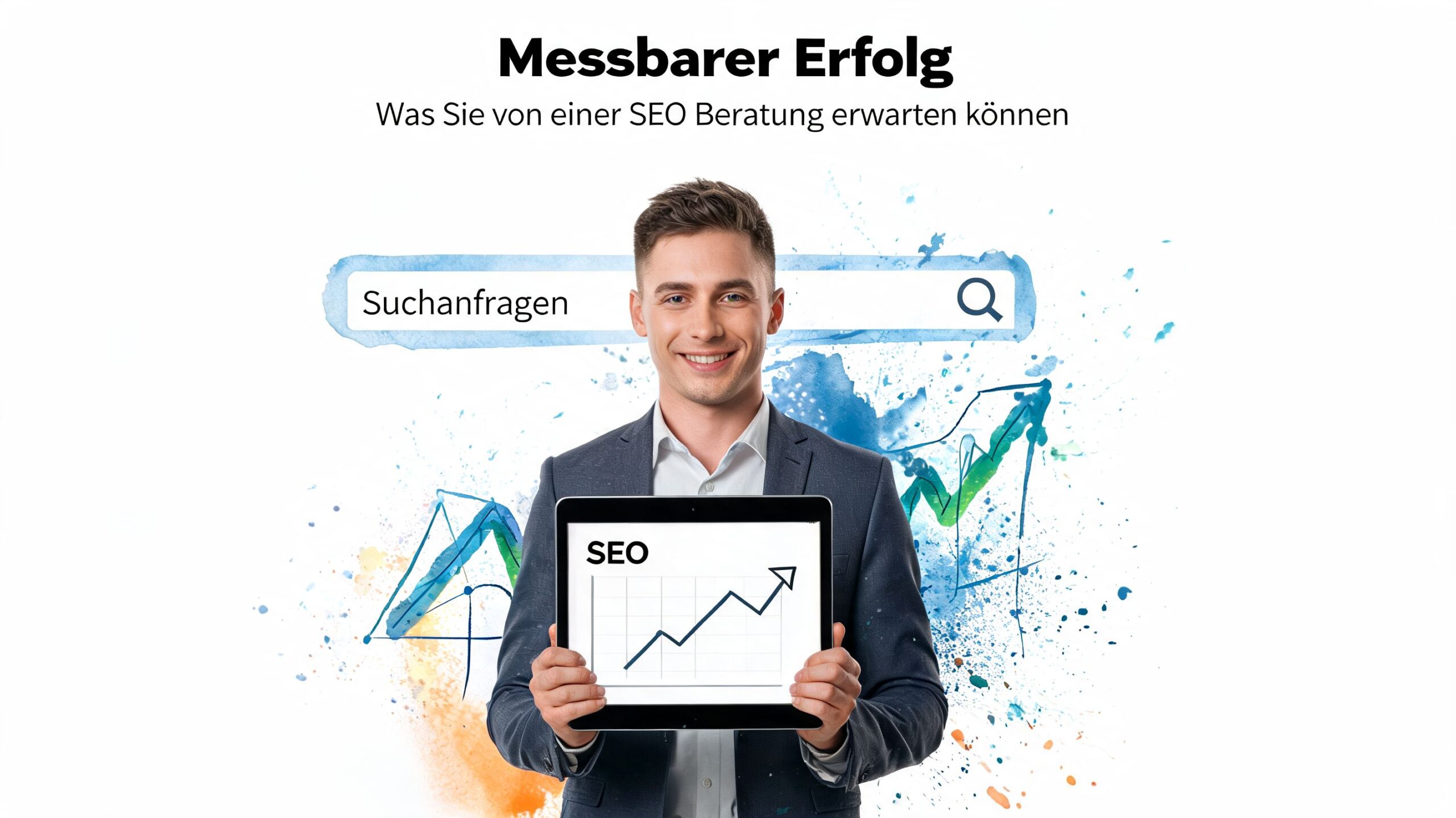 Ein lächelnder Geschäftsmann präsentiert ein Tablet mit einer aufsteigenden SEO-Erfolgsgrafik vor einem kreativen Hintergrund mit Suchsymbolen.
