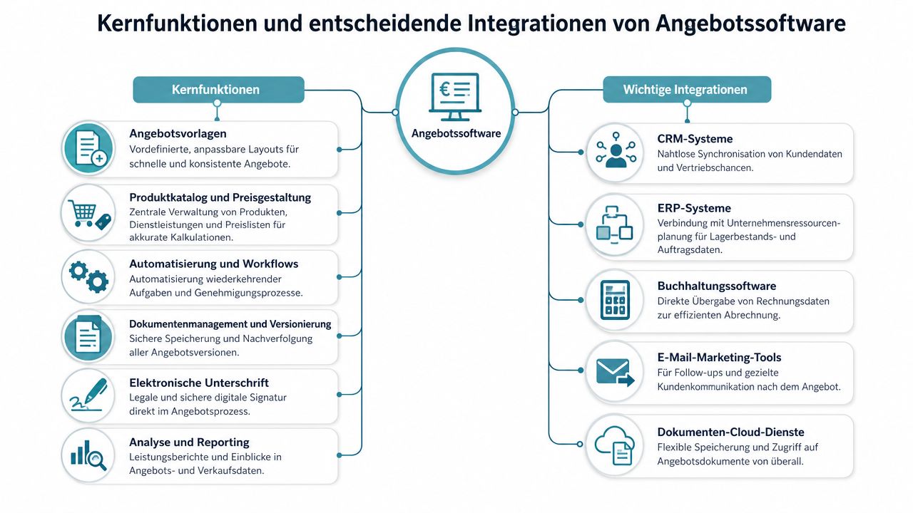 Übersichtsgrafik der wichtigsten Kernfunktionen und Software-Integrationen für moderne Systeme zur professionellen Angebotserstellung in Unternehmen.